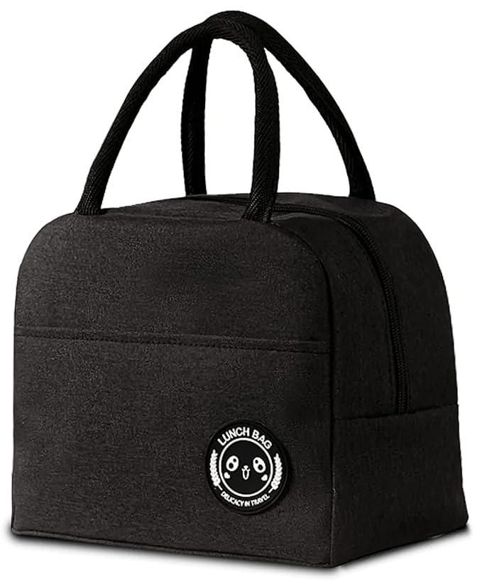 Black insulated lunch bag with a visible brand logo on a white background