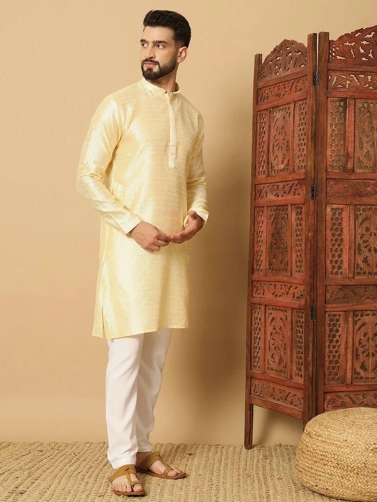Men’s Yellow Jacquard Kurta Pyjama Set – Festive Wear