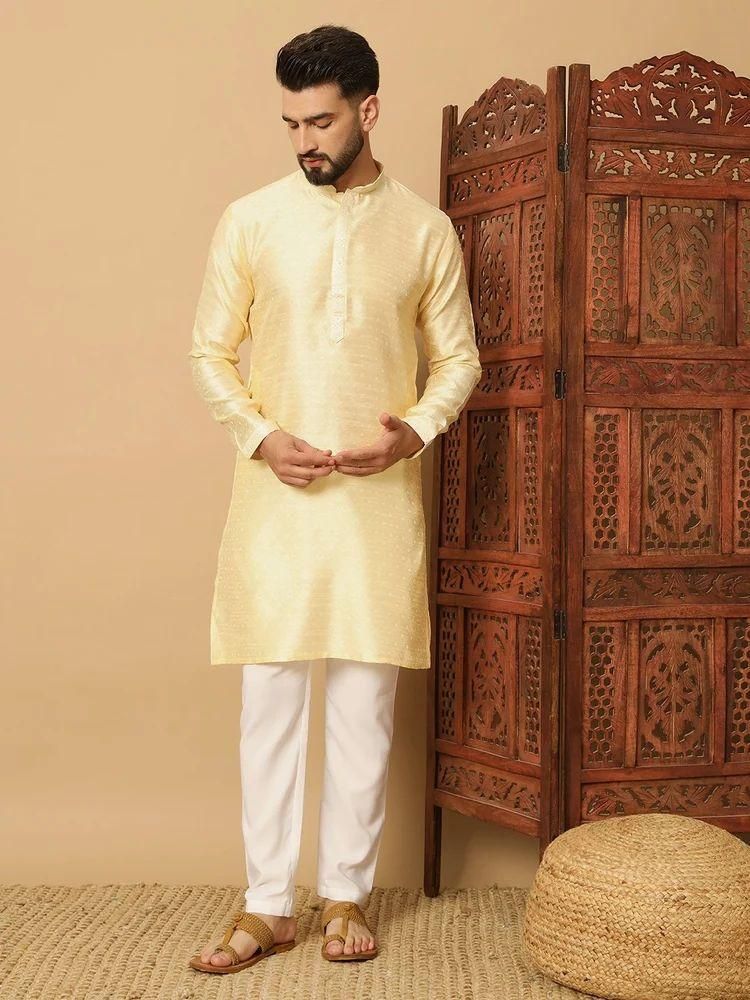 Men’s Yellow Jacquard Kurta Pyjama Set – Festive Wear