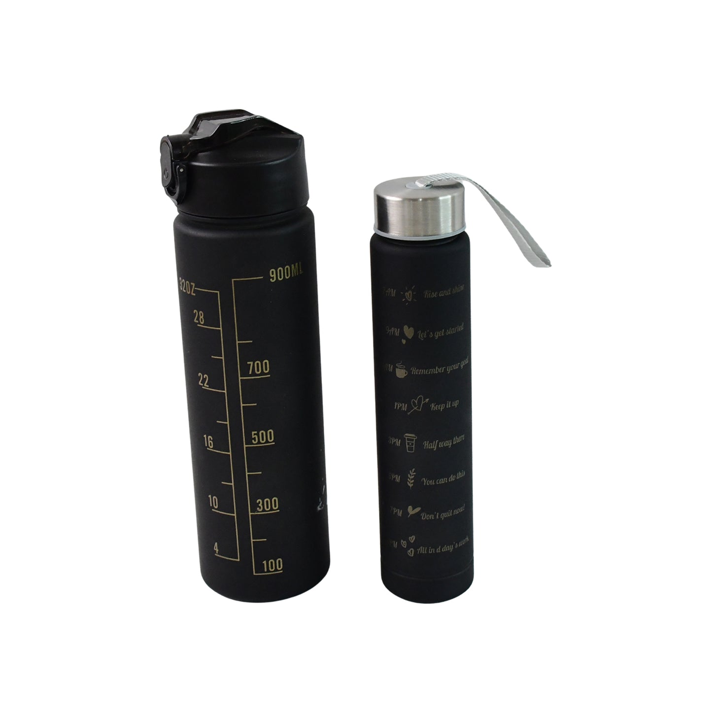 2-Pc Black Motivational Water Bottle Set – 900ML & 300ML, Leakproof
