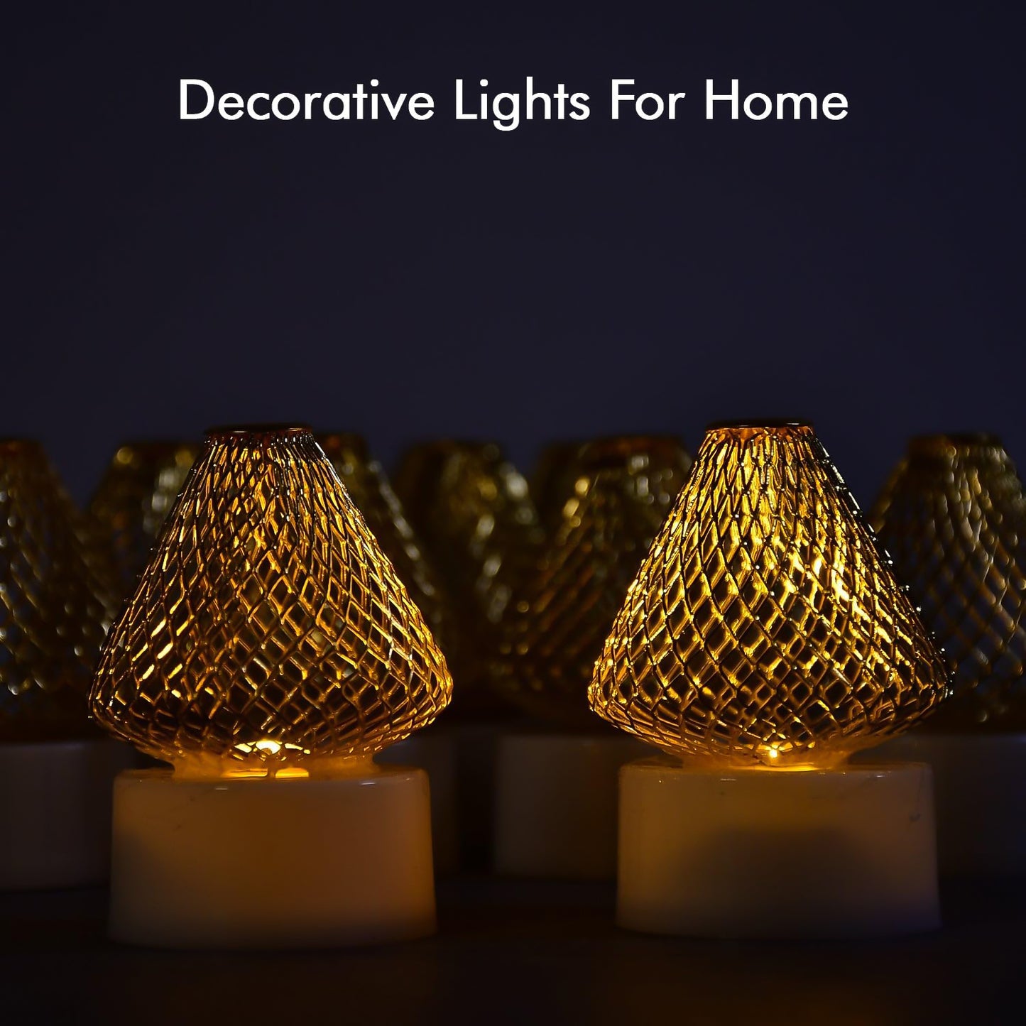 Set of 12 Golden Net LED Flameless Tealight Candles – Battery Operated Decorative Lights