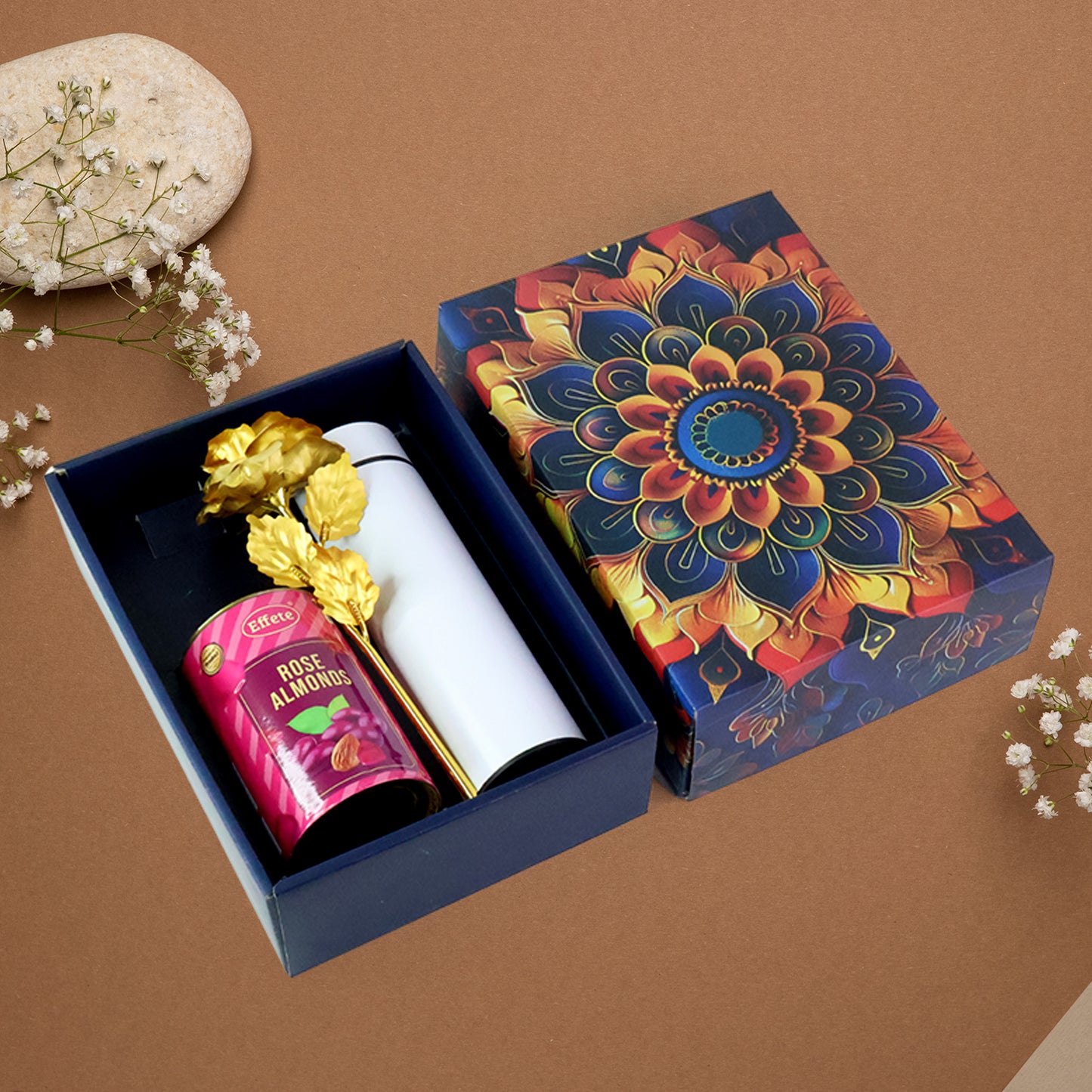 Premium Festive Gift Hamper Box with Stainless Steel Bottle, Golden Rose