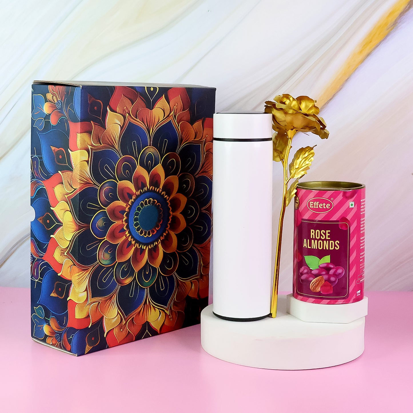 Premium Festive Gift Hamper Box with Stainless Steel Bottle, Golden Rose