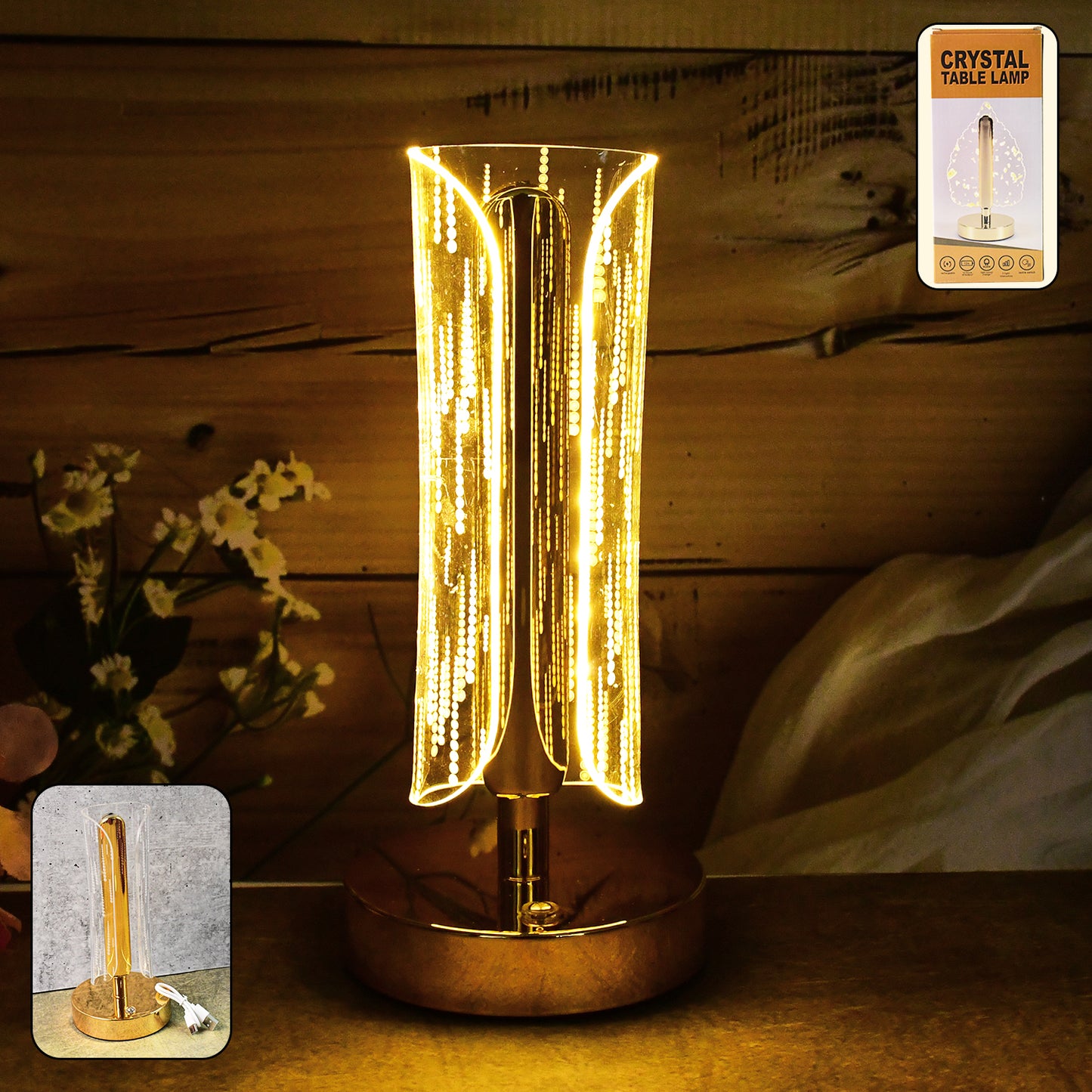 Luxury Tall Cylinder Crystal LED Table Lamp with USB Charging