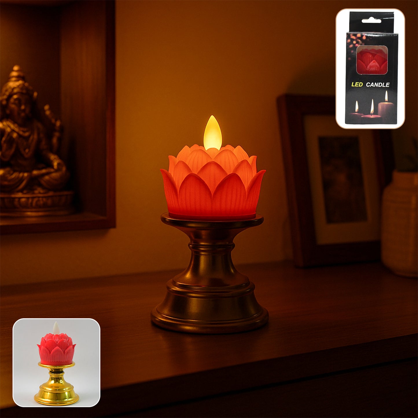 Lotus Shaped LED Flameless Candle with Decorative Holder – Battery Operated (1 Pc)
