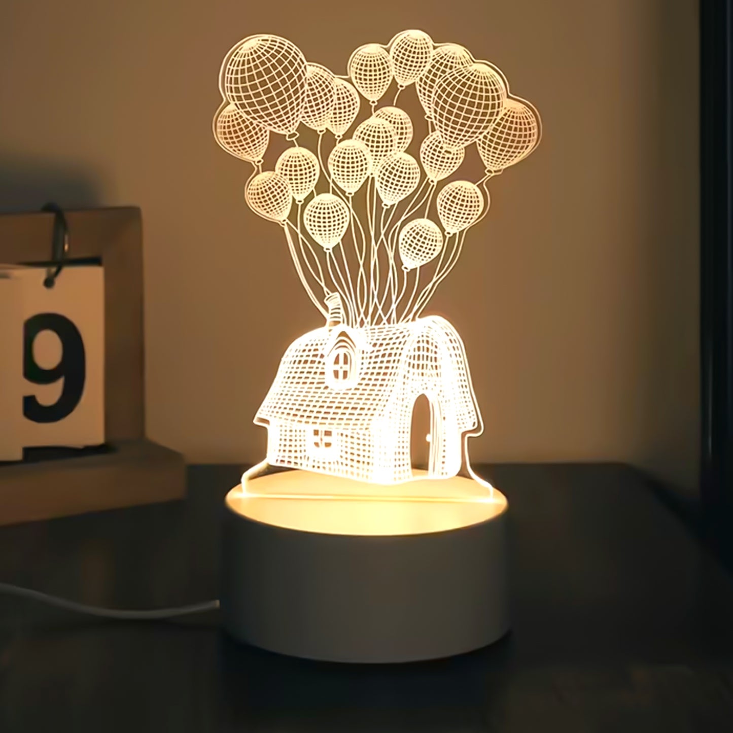 3D Illusion LED Night Lamp – House & Balloons Design