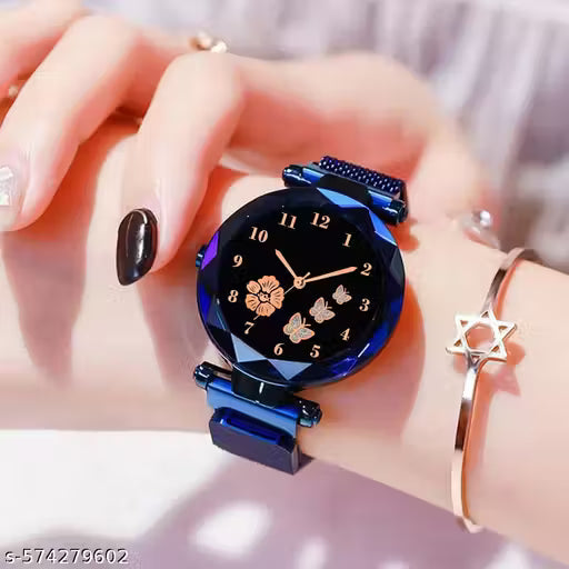 (10A) Stylish Blue Magnetic Strap Analog Watch for Women – Elegant Floral Dial Edition
