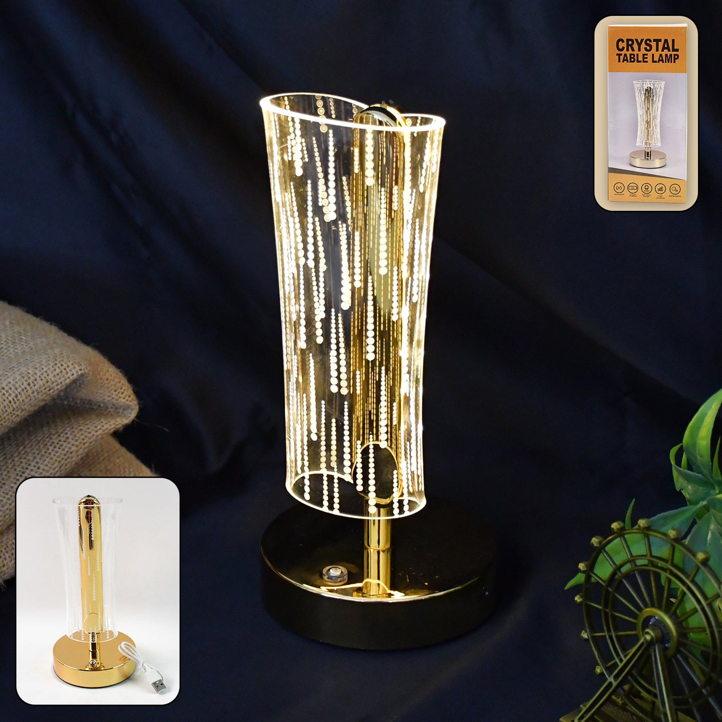 Luxury Crystal Cylindrical LED Table Lamp – USB Rechargeable Bedside & Desk Light