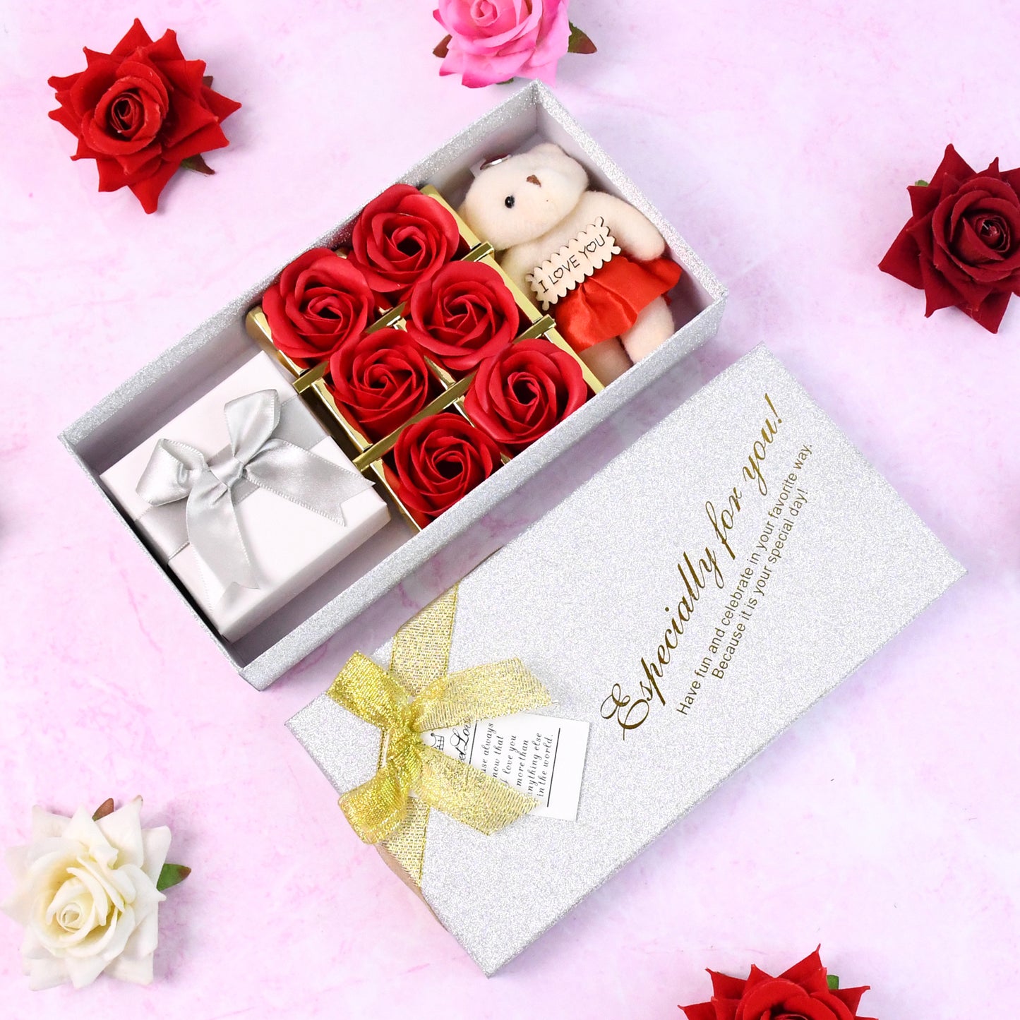 Valentine’s Day Gift Set – Designer Teddy & Roses Box