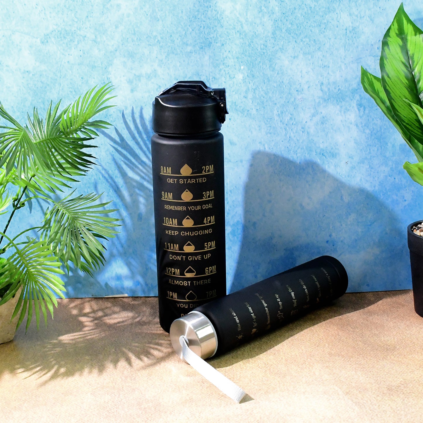 2-Pc Black Motivational Water Bottle Set – 900ML & 300ML, Leakproof