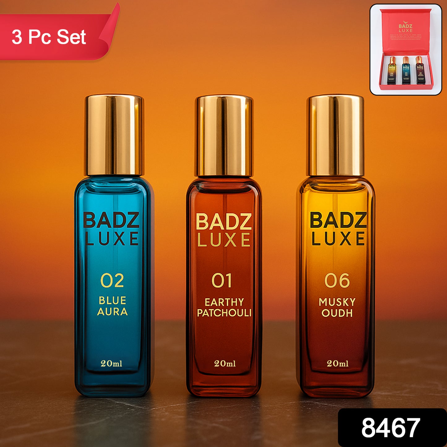 3 Pc Premium Perfume Gift Set – 20ml Each | Blue Aura, Patchouli & Oudh