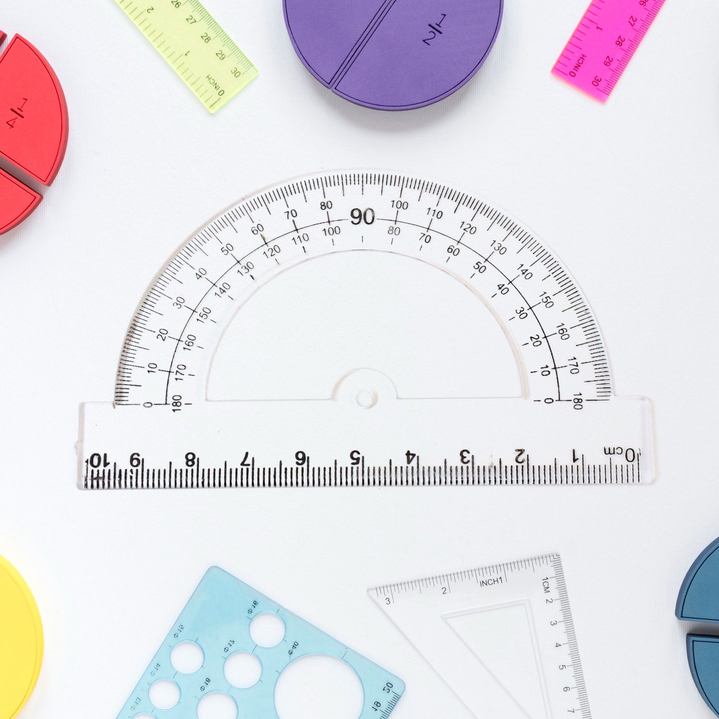 Plastic Geometry Set – 4 Pieces | Triangle, Ruler & Protractor Drafting Kit