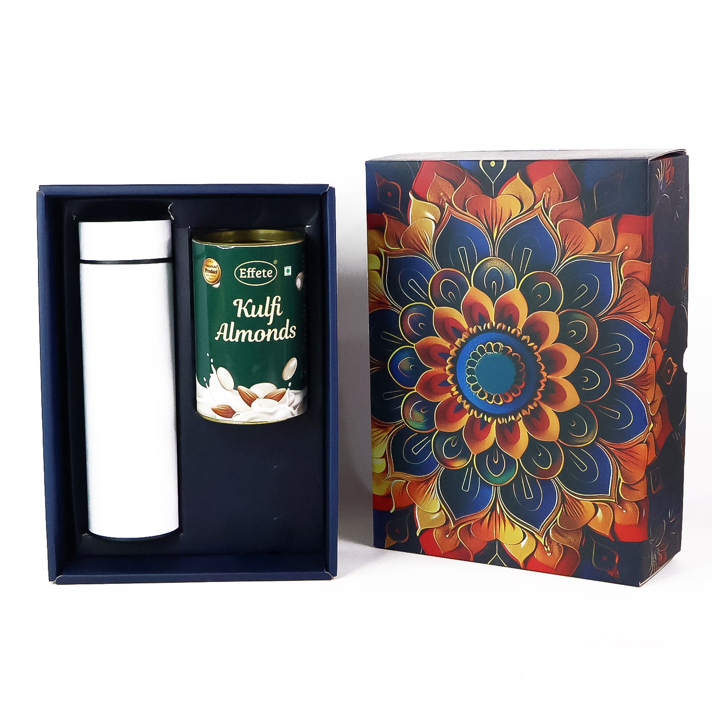 Premium Festive Gift Hamper Box with Stainless Steel Bottle & Effete Kulfi Almond Chocolate