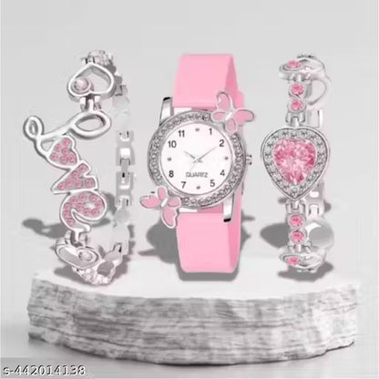 (7A) Diamond Dial Girls' Watch with Stylish Bracelet Combo – 3-in-1 Premium Set