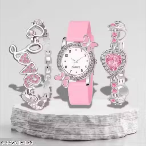 (7A) Diamond Dial Girls' Watch with Stylish Bracelet Combo – 3-in-1 Premium Set