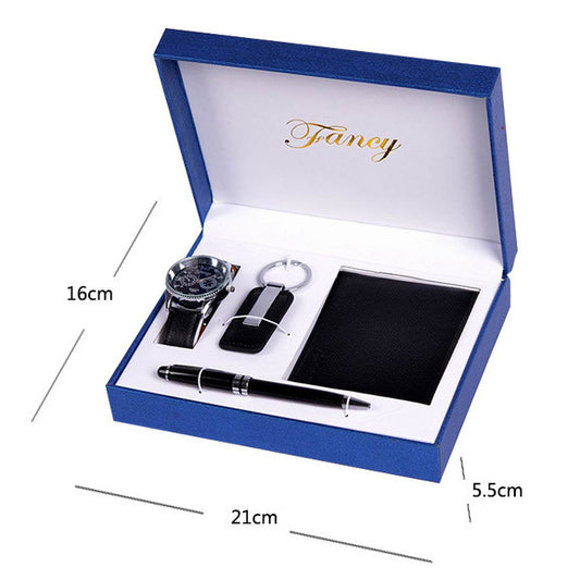 Men’s Business Wallet Gift Set – Alloy Watch, PU Wallet & Keychain, Pen - Fanbuluxe