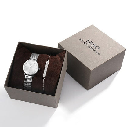 IBSO Women’s Watch Set – 8mm Ultra-Thin Silver Mesh, Quartz, 30mm Dial - Fanbuluxe