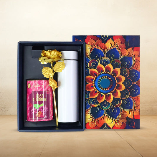 Premium Festive Gift Hamper Box with Stainless Steel Bottle, Golden Rose
