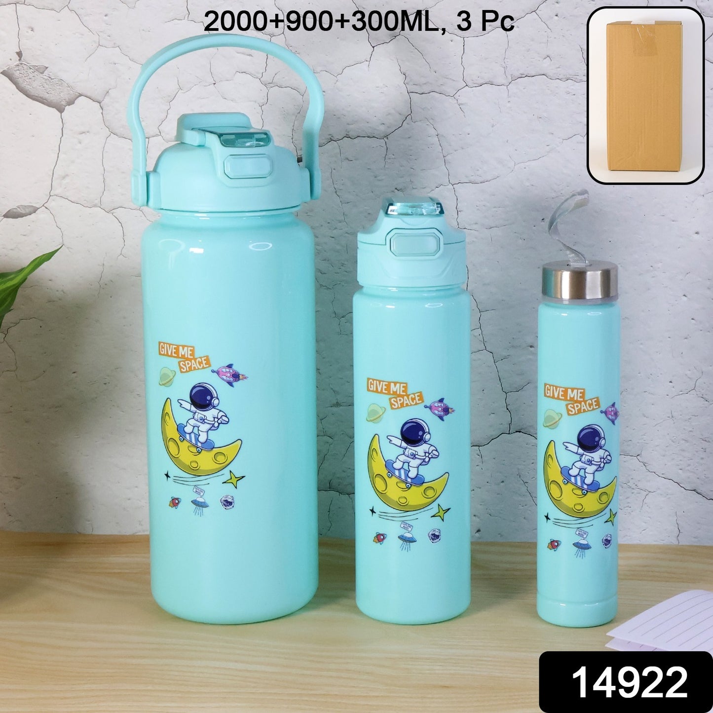 Set of 3 Space Theme Water Bottles – 2000ml + 900ml + 300ml Multipurpose