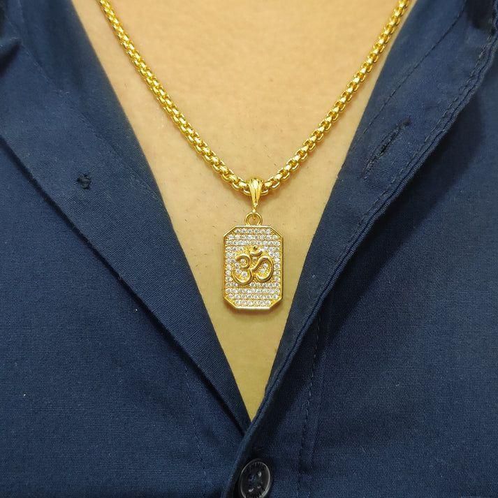 Gold Plated Om Diamond Pendant with Chain – Men’s Necklace