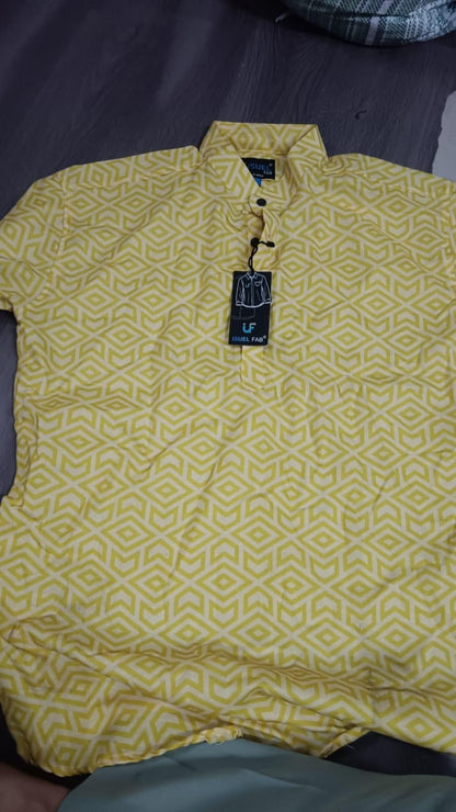 Men’s Yellow Printed Spread Collar Casual Shirt