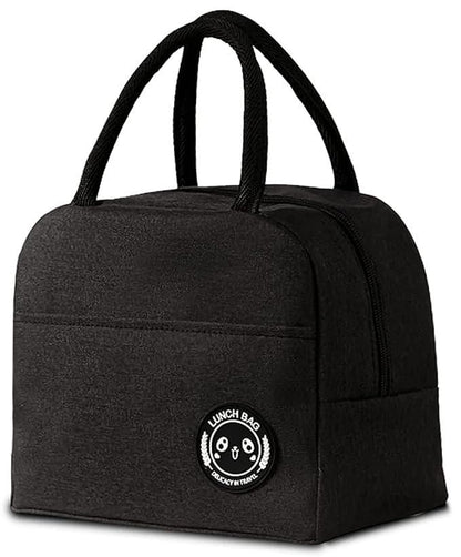 Black insulated lunch bag with a visible brand logo on a white background