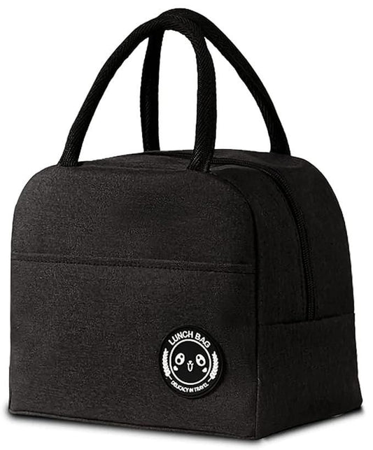 Black insulated lunch bag with a visible brand logo on a white background