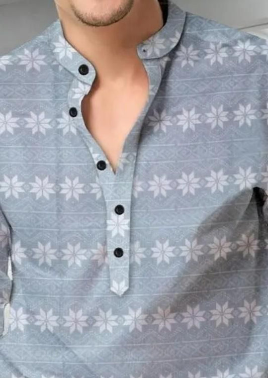 Men’s Grey Printed Spread Collar Casual Shirt