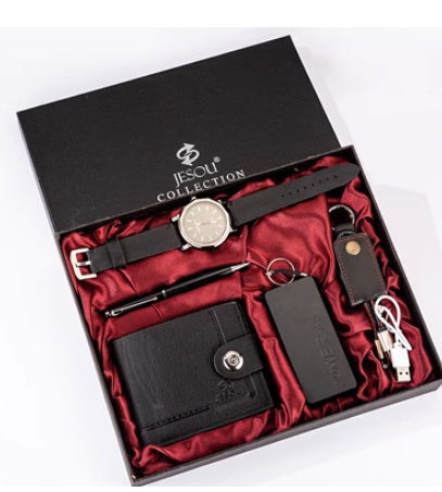 Men’s Boutique Gift Set – Wallet, Power Bank, Keychain & Large Dial Quartz Watch - Fanbuluxe