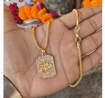Gold Plated Om Diamond Pendant with Chain – Men’s Necklace