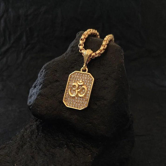 Gold Plated Om Diamond Pendant with Chain – Men’s Necklace