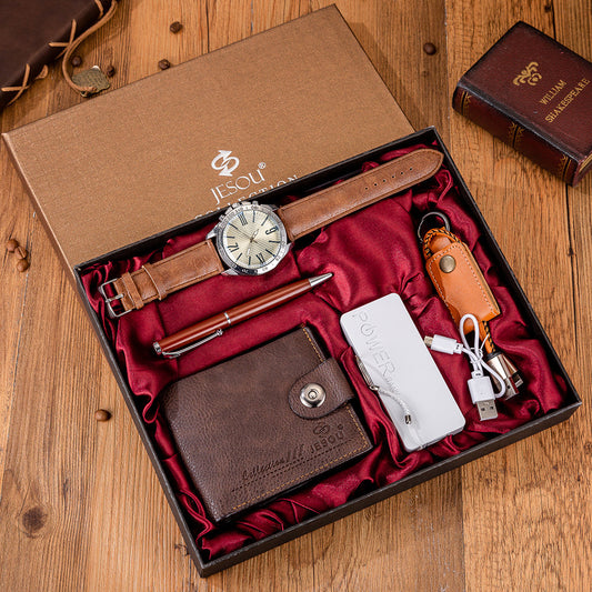 Men’s Boutique Gift Set – Wallet, Power Bank, Keychain & Large Dial Quartz Watch - Fanbuluxe