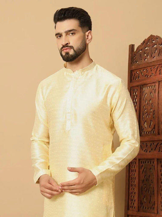 Men’s Yellow Jacquard Kurta Pyjama Set – Festive Wear