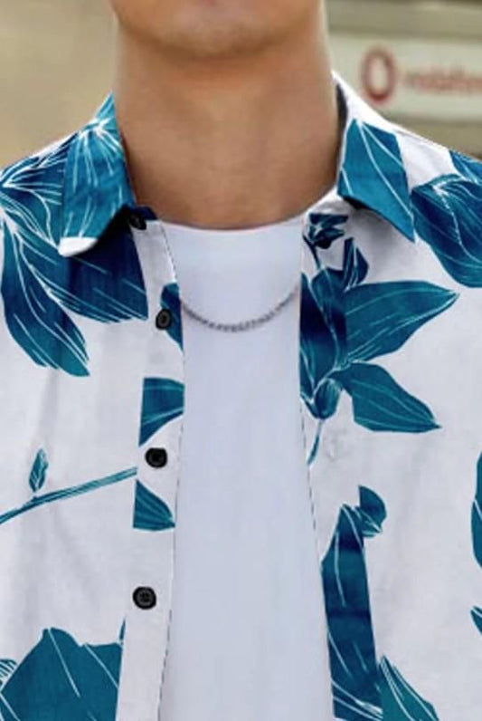 Men’s Printed Half Sleeve Casual Shirt – White & Blue