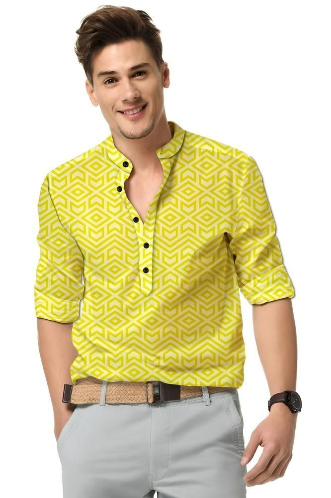 Men’s Yellow Printed Spread Collar Casual Shirt