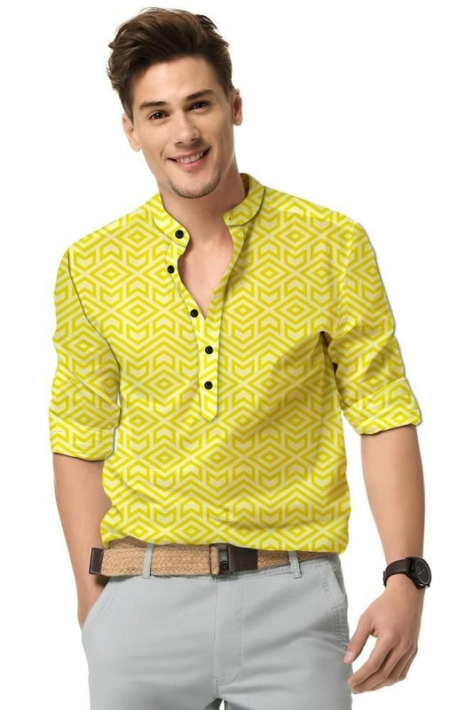 Men’s Yellow Printed Spread Collar Casual Shirt