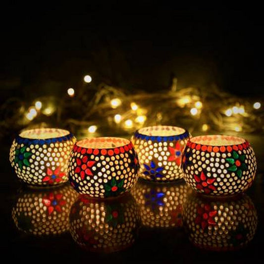 eCraftIndia Mosaic Glass Tea Light Holder – Set of 4
