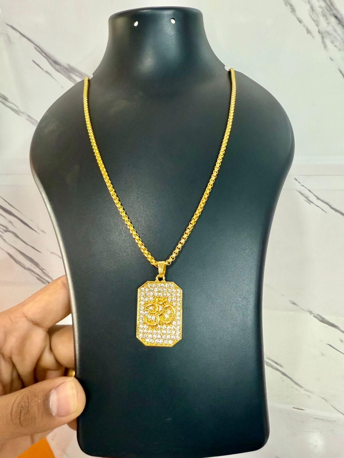 Gold Plated Om Diamond Pendant with Chain – Men’s Necklace