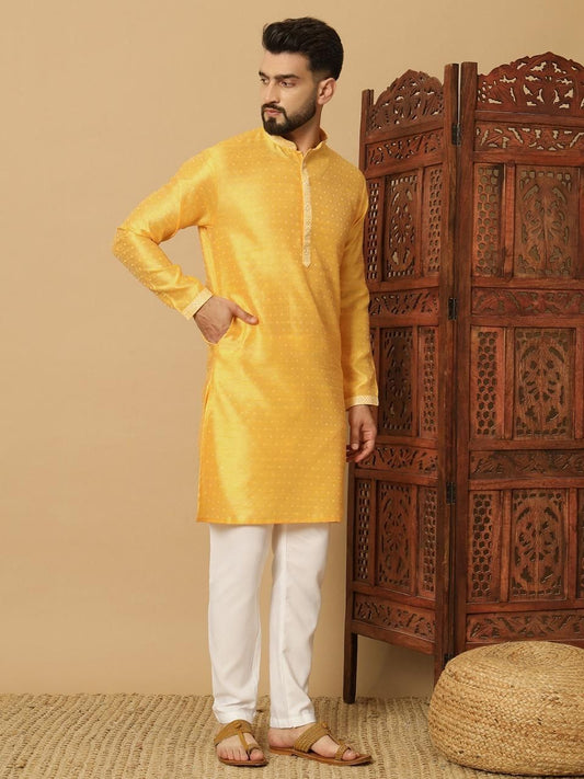 Men’s Yellow Jacquard Kurta Pyjama Set – Festive Ethnic Wear