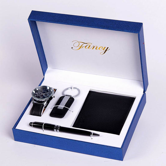 Men’s Business Wallet Gift Set – Alloy Watch, PU Wallet & Keychain, Pen - Fanbuluxe