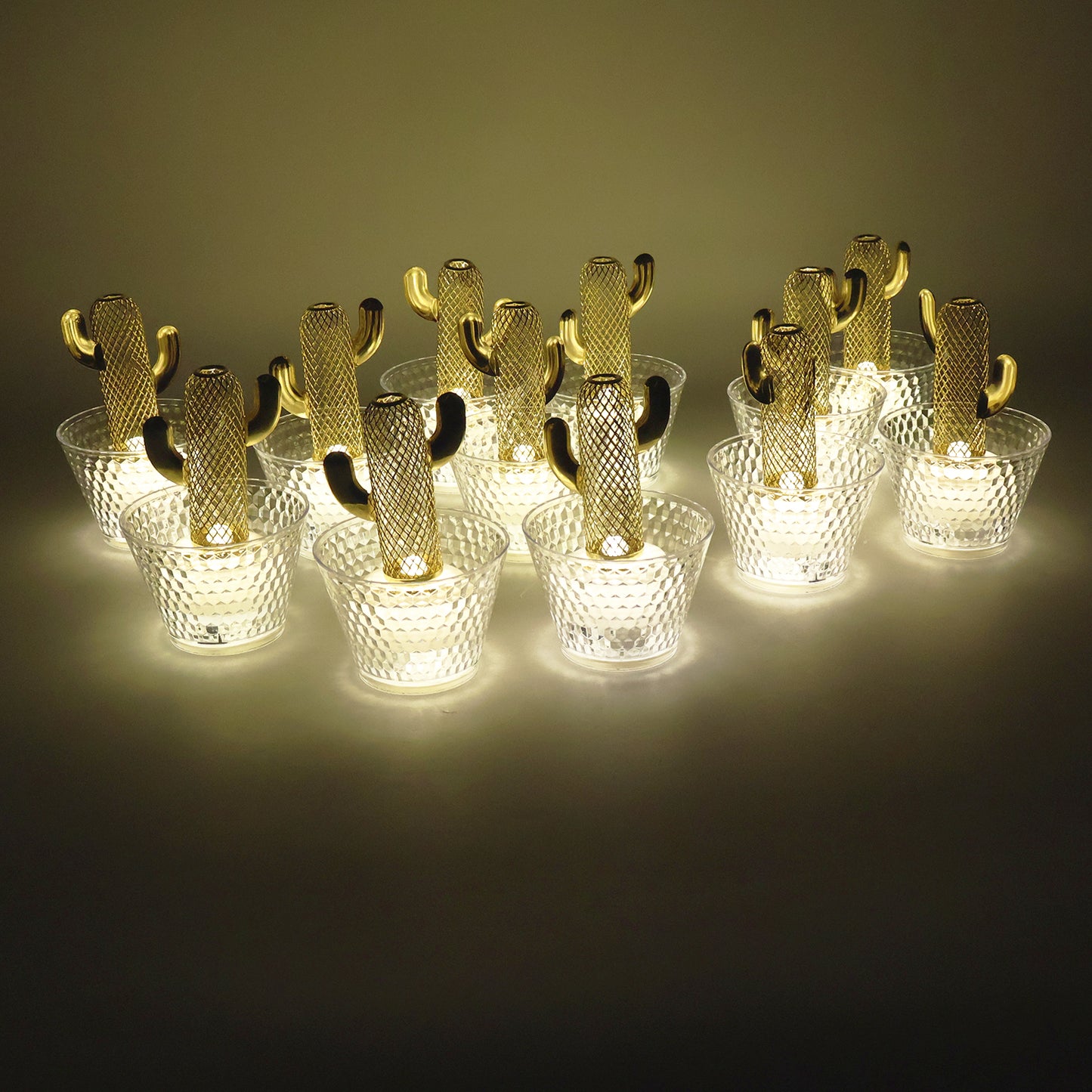 Cactus Shape LED Tealight Candles with Transparent Cup Holders – 12 Pc