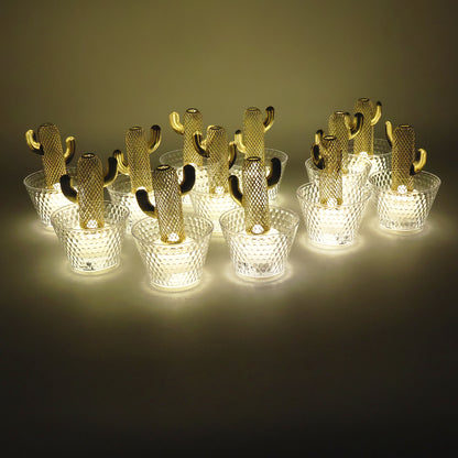 Cactus Shape LED Tealight Candles with Transparent Cup Holders – 12 Pc