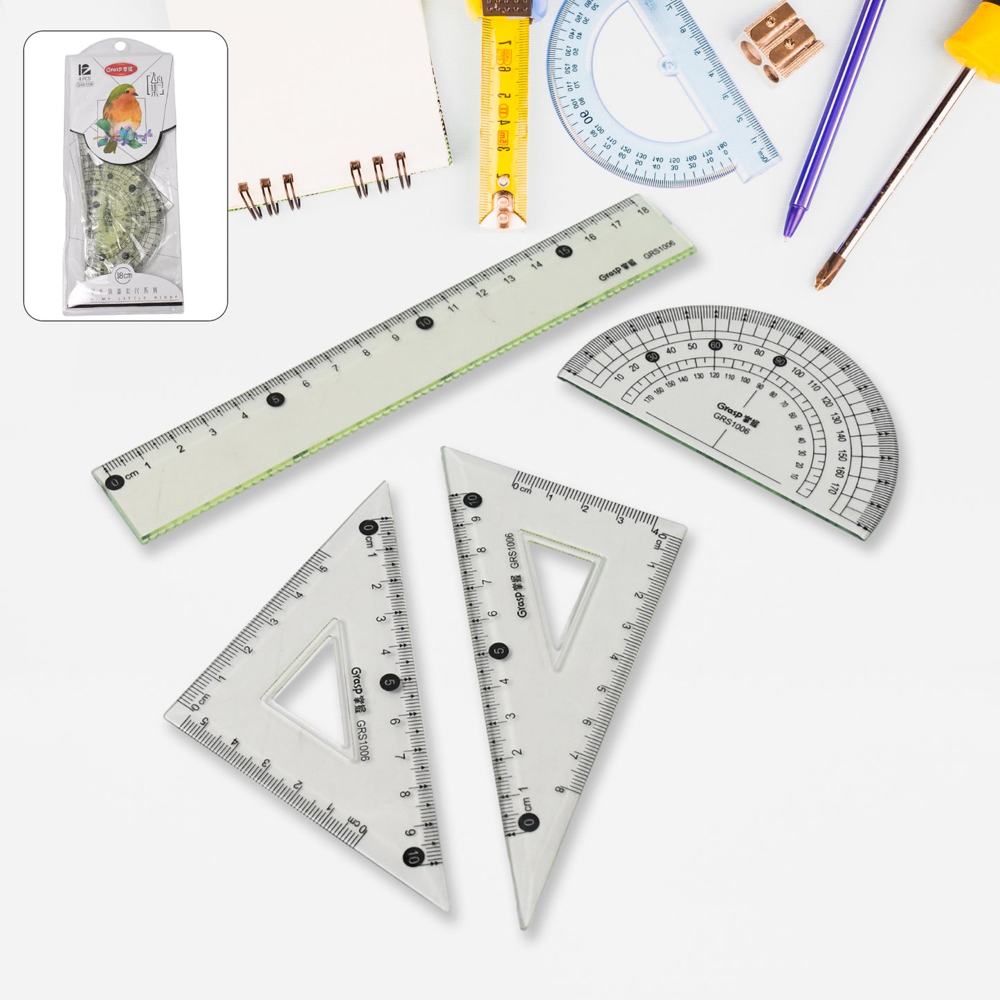 4-Piece Geometry Set – Triangle, Ruler & Protractor | Clear Plastic Drafting Kit
