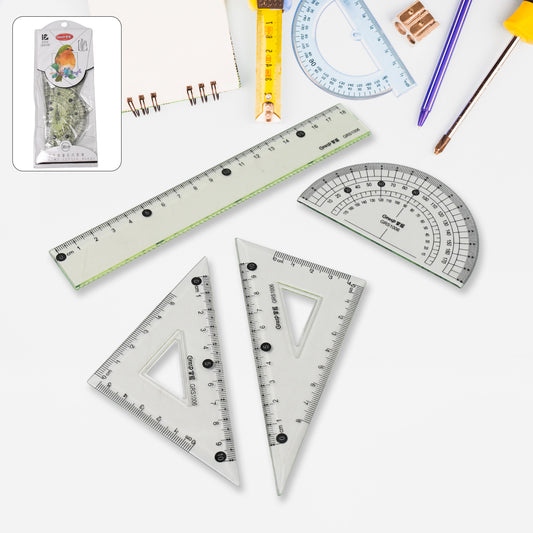 4-Piece Geometry Set – Triangle, Ruler & Protractor | Clear Plastic Drafting Kit
