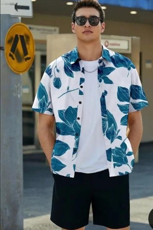 Men’s Printed Half Sleeve Casual Shirt – White & Blue