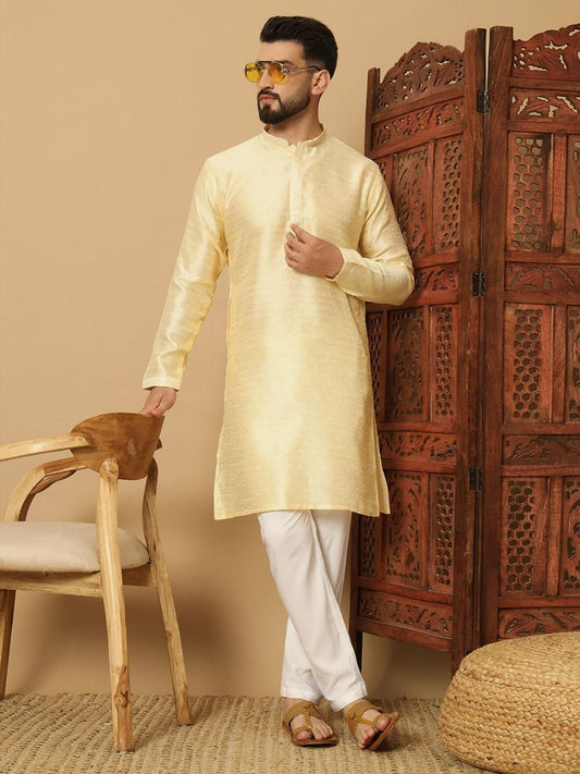 Men’s Yellow Jacquard Kurta Pyjama Set – Festive Wear