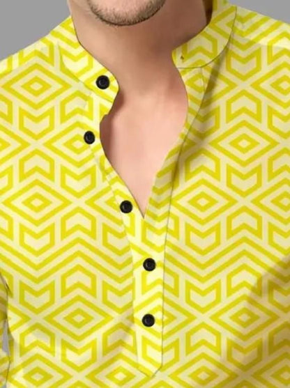 Men’s Yellow Printed Spread Collar Casual Shirt