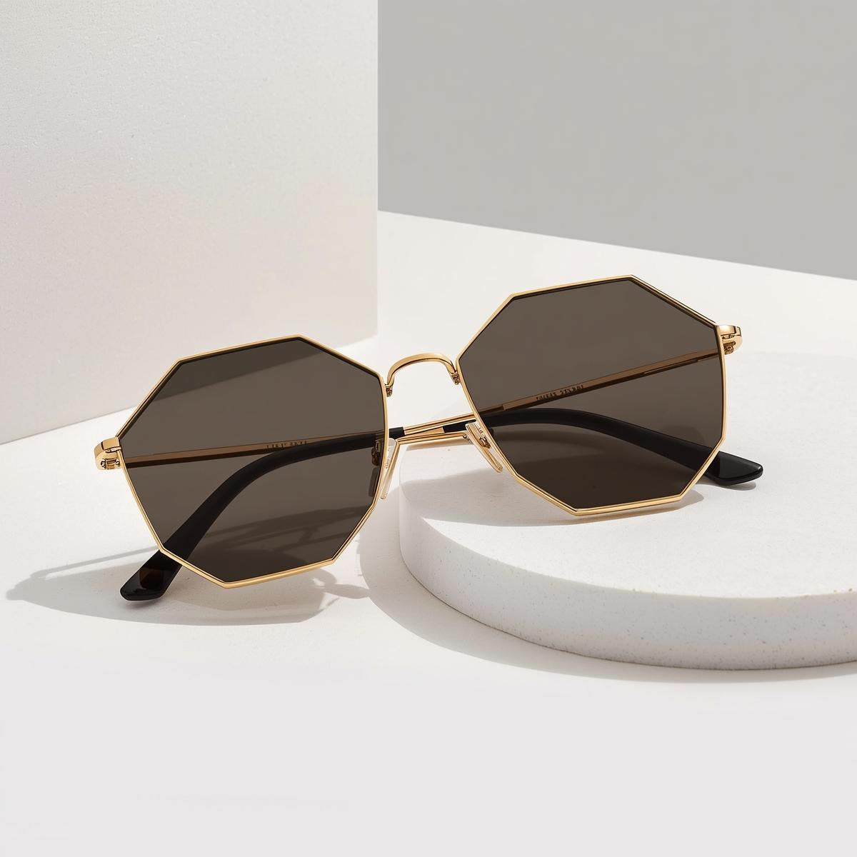 Golden Hexagon Designer Sunglasses for Women – Retro Geometric Elegance | UV Protected