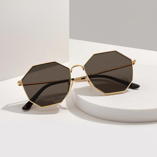Golden Hexagon Designer Sunglasses for Women – Retro Geometric Elegance | UV Protected
