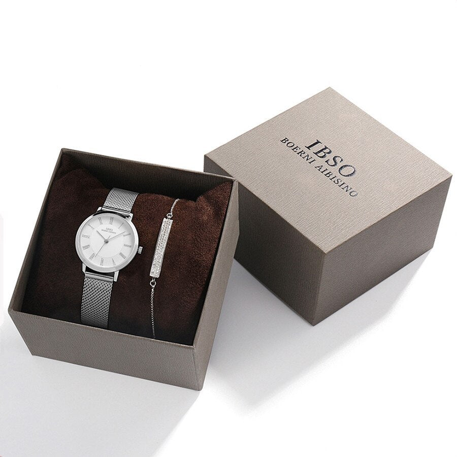 IBSO Women’s Watch Set – 8mm Ultra-Thin Silver Mesh, Quartz, 30mm Dial - Fanbuluxe
